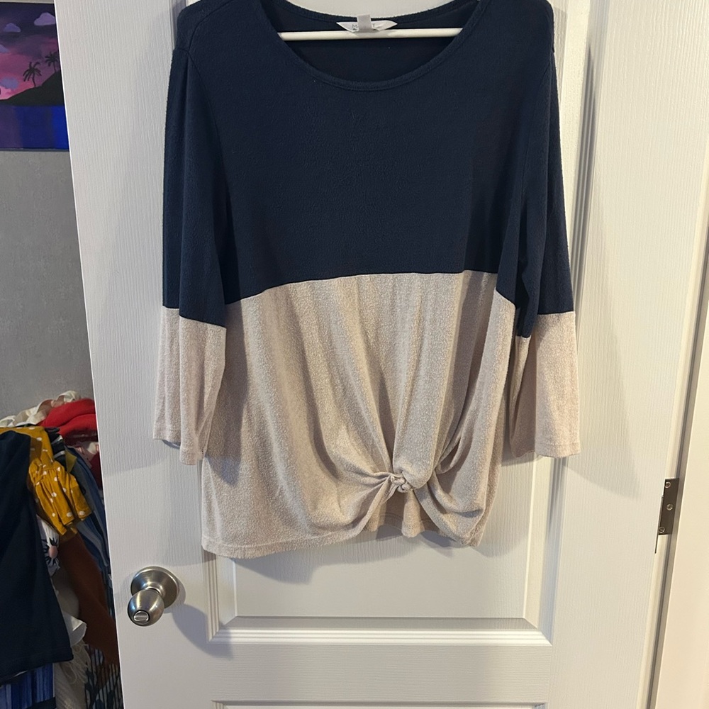 Blue and Cream Tie Front Relaxed Blouse